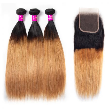 Brazilian Ombre 1B/27 Straight Hair Bundles With Lace Closure