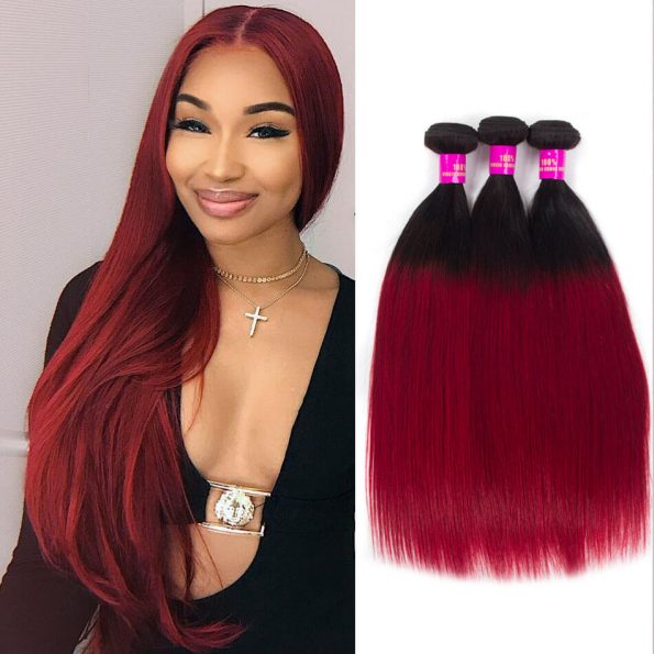 Colored T1BBurgundy Ombre Human Hair Weave