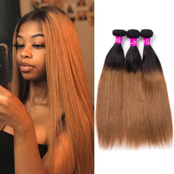 Brazilian Ombre T1B30 Straight Human Hair Weave 2 Tone Black to Brown Color
