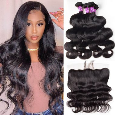 Virgin Human Hair Quick Weave Brazilian Body Weave Hair 4 Bundles With Lace Frontal
