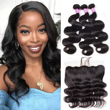 Brazilian Body Wave Hair 3 Bundles With Lace Frontal Virgin Human Hair Weave