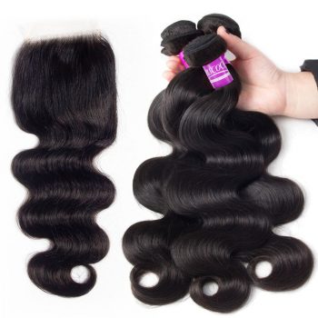 Brazilian Body Wave Hair 3 Bundles With Transparent Lace Closure Virgin Human Hair Quick Weave