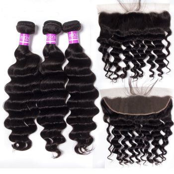 Brazilian Loose Deep Wave Hair 3 Bundles With Lace Frontal