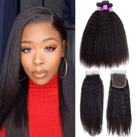 Brazilian Kinky Straight Bundles Human Hair 3 Bundles With Lace Closure