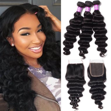 Brazilian Loose Deep Wave Hair 3 Bundles with 4x4 Lace Closure
