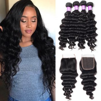 Brazilian Loose Deep Wave Hair 4 Bundles with 4X4 Lace Closure