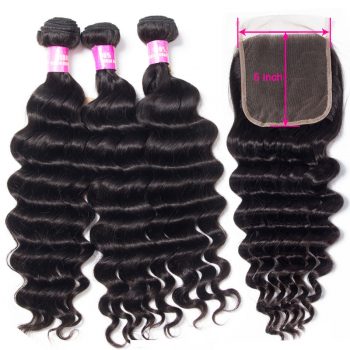 Brazilian Hair Weave Bundles With 5X5 Lace Closure Loose Deep Wave