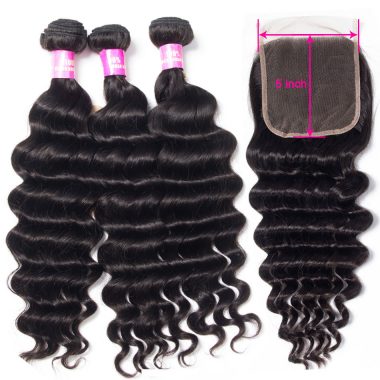 Brazilian Hair Weave Bundles With 5X5 Lace Closure Loose Deep Wave