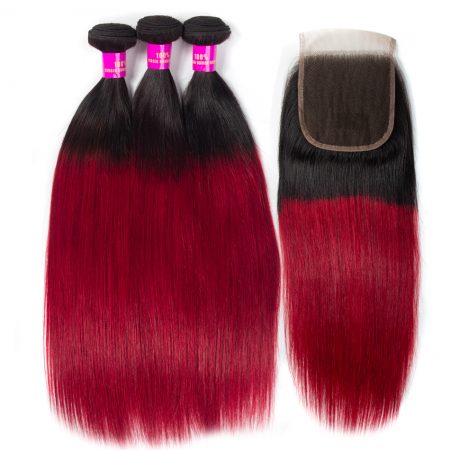 Brazilian Ombre 1B/red Straight Hair Bundles With Lace Closure Virgin Hair Bundles With Closure