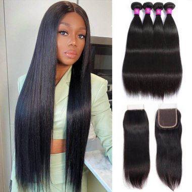 Brazilian Straight Human Hair 4 Bundles With Lace Closure Virgin Hair Bundles With Closure