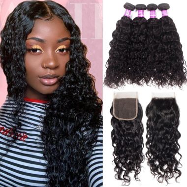 Brazilian Water Wave Hair 4 Bundles With Lace Closure Virgin Human Hair