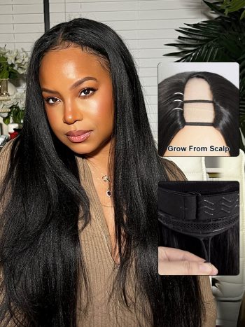 Yaki Straight U/V Part Wigs Natural Color Human Hair Wig 180% Density