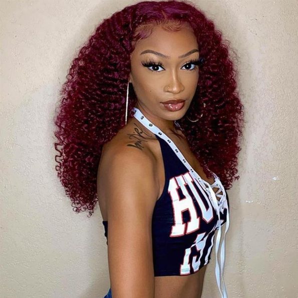 Red Wine 99j Colored Human Hair Curly Lace Front Wigs