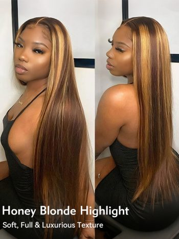 Highlight Straight Hair 6x5 13x4 HD Lace Wig Dark Brown Wig With Honey Blonde Highlights