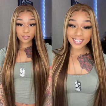 Highlight Straight Hair 6x5 13x4 HD Lace Wig Dark Brown Wig With Honey Blonde Highlights