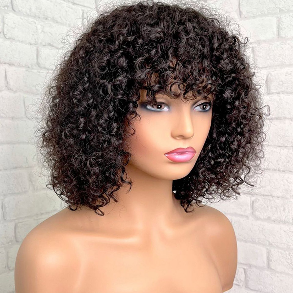 Short Curly Human Hair Bob Wig Glueless Wig With Bangs