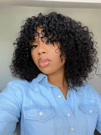 Short Curly Human Hair Bob Wig Glueless Machine Made Wig With Bangs