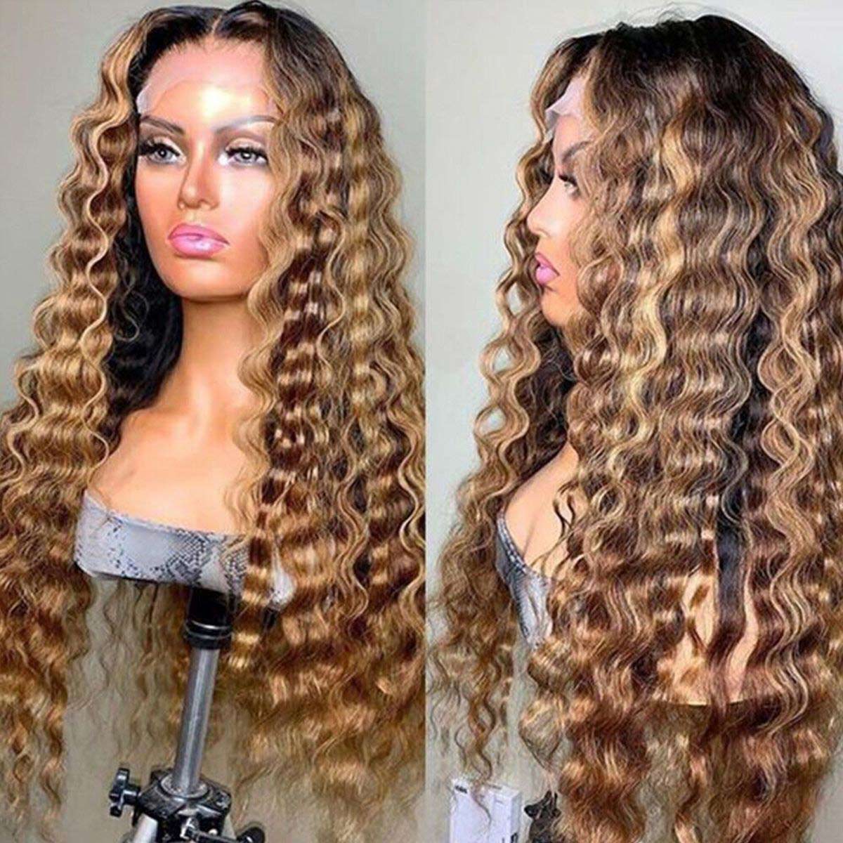 Ombre Highlight Honey Blonde With Dark Roots Loose Deep Wave Wig