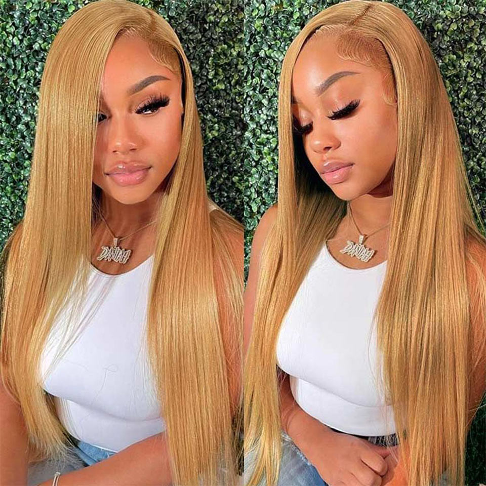 Honey Blonde 27 Colored Undetectable Lace 5x5 13x4 Wig Straight Wigs
