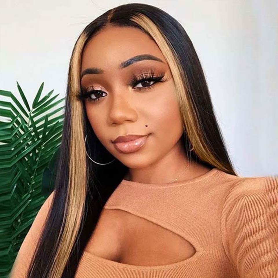 Highlight Straight And Body Wave Wig Natural Black With Highlight Honey Blonde Color