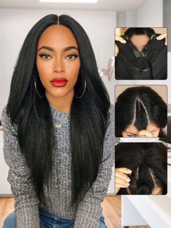 Kinky Straight U/V Part Wig Pull Go Glueless Human Hair Wigs 180% Density