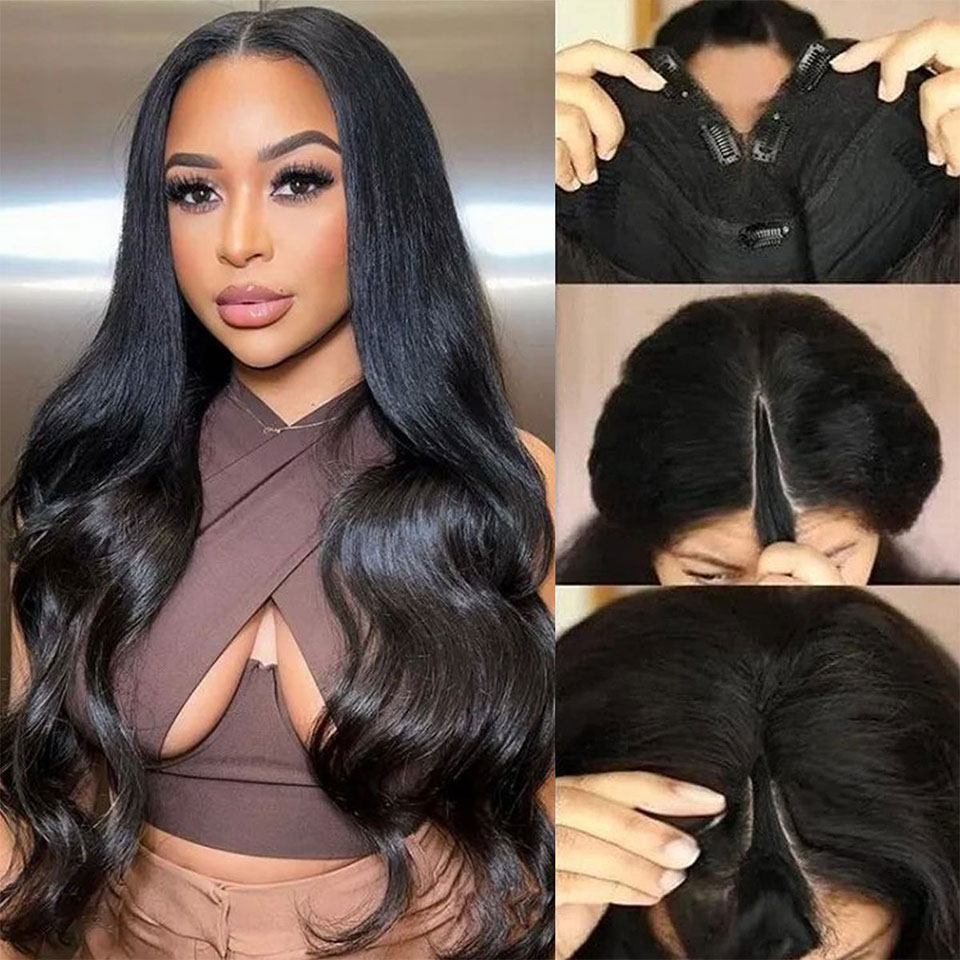 V Part Wig Straight And Body Wave Human Hair No Skill Needed Wig 180% Density