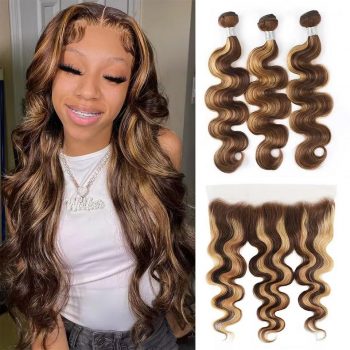Brazilian Highlight P4/27 Body Wave Hair 3 Bundles With 13×4 HD Lace Frontal Honey Blonde Color