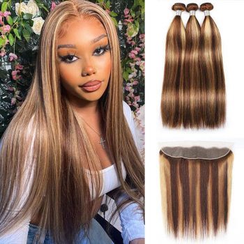 Brazilian Highlight P4/27 Straight Hair 3 Bundles With 13×4 HD Lace Frontal Honey Blonde Color