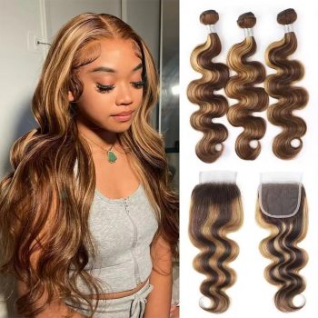 Brazilian Virgin Hair Highlight P4/27 Body Wave Hair 3 Bundles With 5×5 HD Lace Closure