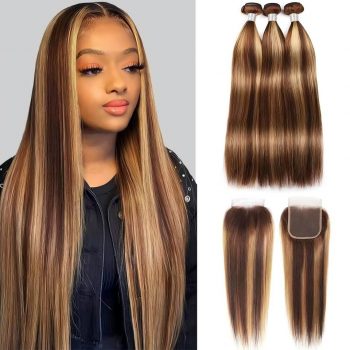 Brazilian Virgin Hair Highlight P4/27 Straight Hair 3 Bundles With 5×5 HD Lace Closure