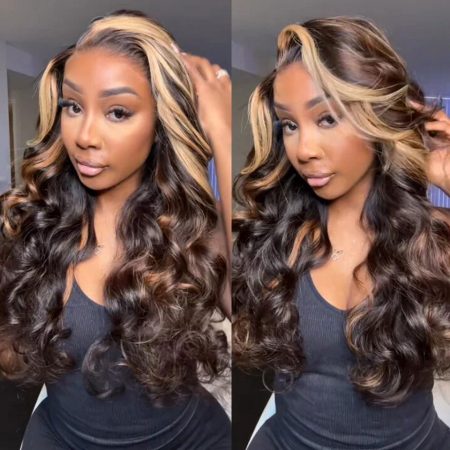 Glueless Balayage Highlight With Skunk Stripe Wig Bleached Knots Pre-Cut 6×5 HD Lace Wigs
