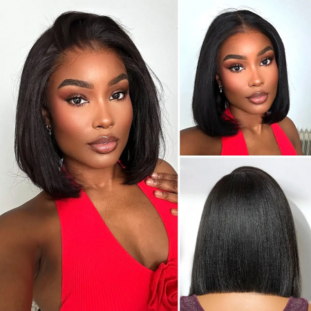 Upgraded 6x5 Cap Bleached Tiny Knots Kinky Straight Wear Go Bob Wig Pre Cut Lace Wig