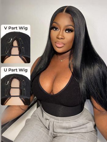Straight Hair U/V Part Wig No Leave Out Glueless Human Hair Wigs 180% Density Scalp Look